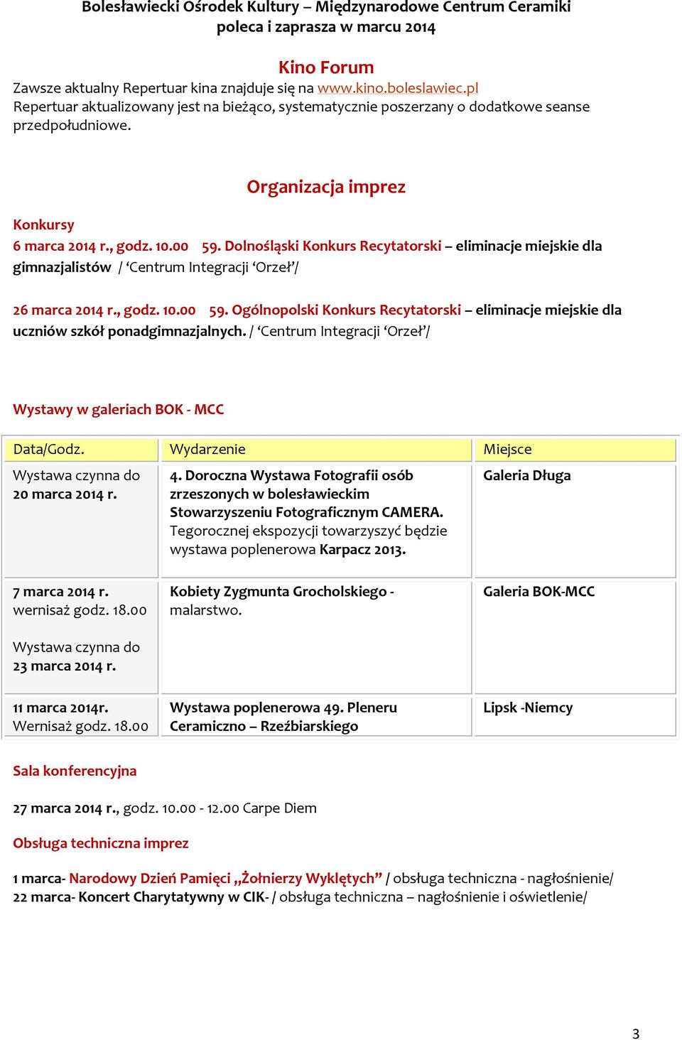 / Centrum Integracji / Wystawy w galeriach BOK - MCC Data/Godz. Wydarzenie Miejsce Wystawa czynna do 20 marca 2014 r. 4.