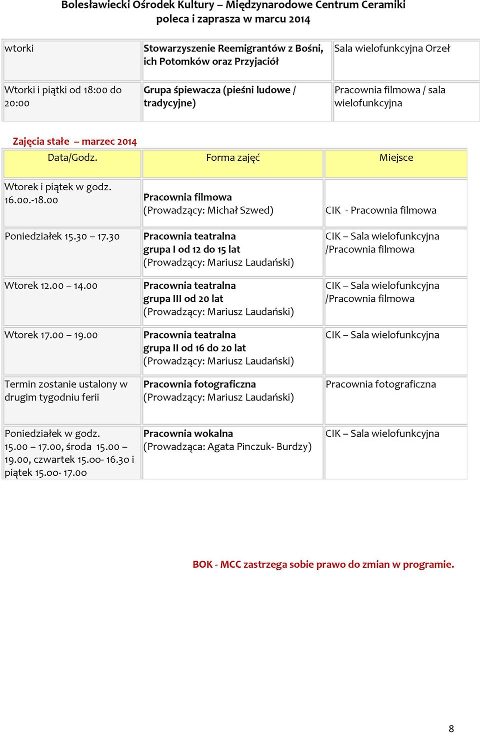 00 Wtorek 17.00 19.