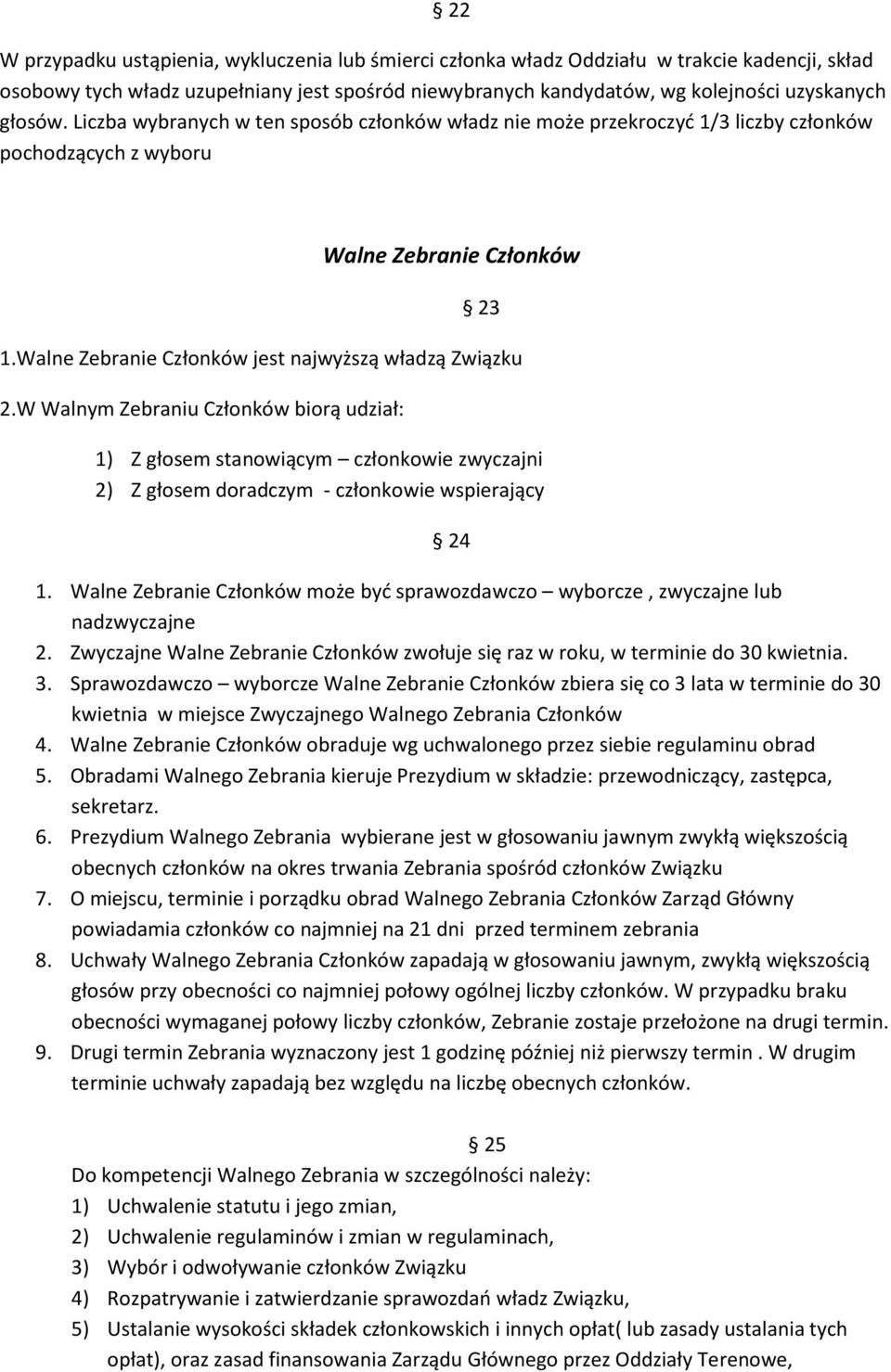 Walne Zebranie Członków jest najwyższą władzą Związku 2.W Walnym Zebraniu Członków biorą udział: 1) Z głosem stanowiącym członkowie zwyczajni 2) Z głosem doradczym - członkowie wspierający 24 1.