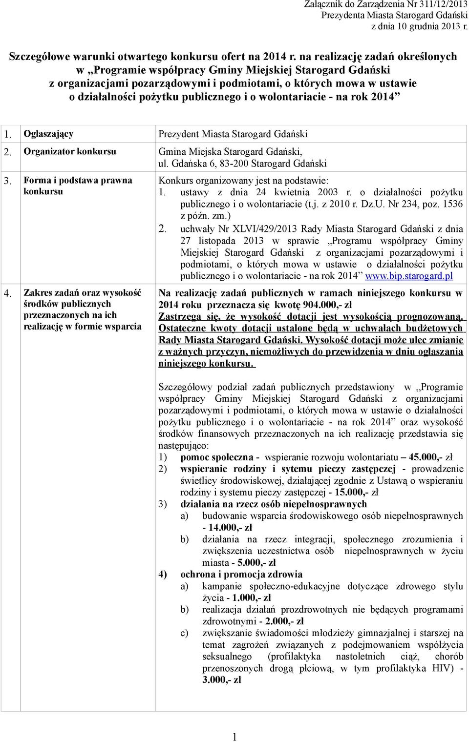 wolontariacie - na rok 2014 1. Ogłaszający Prezydent Miasta Starogard Gdański 2. Organizator konkursu Gmina Miejska Starogard Gdański, ul. Gdańska 6, 83-200 Starogard Gdański 3.