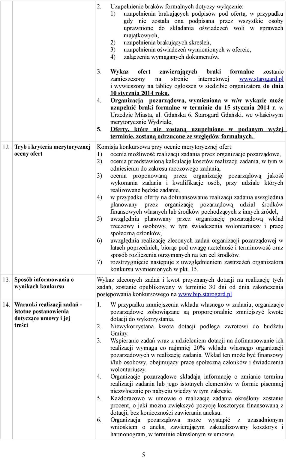 Tryb i kryteria merytorycznej oceny ofert 13. Sposób informowania o wynikach konkursu 14. Warunki realizacji zadań - istotne postanowienia dotyczące umowy i jej treści 3.