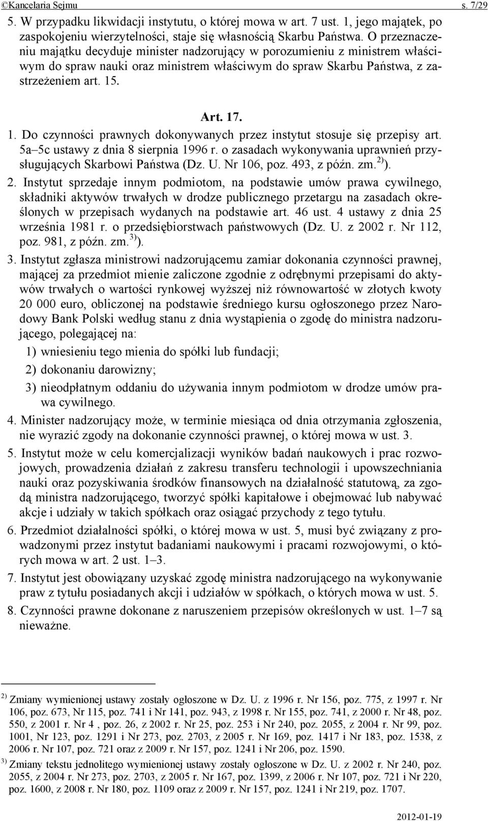 . Art. 17. 1. Do czynności prawnych dokonywanych przez instytut stosuje się przepisy art. 5a 5c ustawy z dnia 8 sierpnia 1996 r. o zasadach wykonywania uprawnień przysługujących Skarbowi Państwa (Dz.