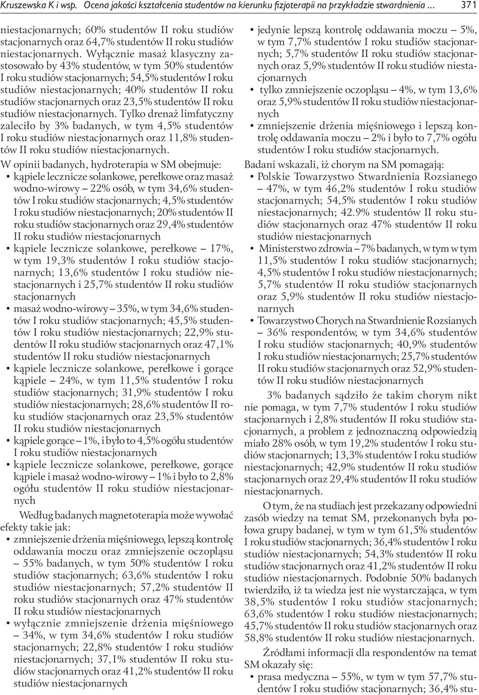 Wyłącznie masaż klasyczny zastosowało by 43% studentów, w tym 50% studentów I roku studiów stacjonarnych; 54,5% studentów I roku ; 40% studentów II roku studiów stacjonarnych oraz 23,5% studentów II