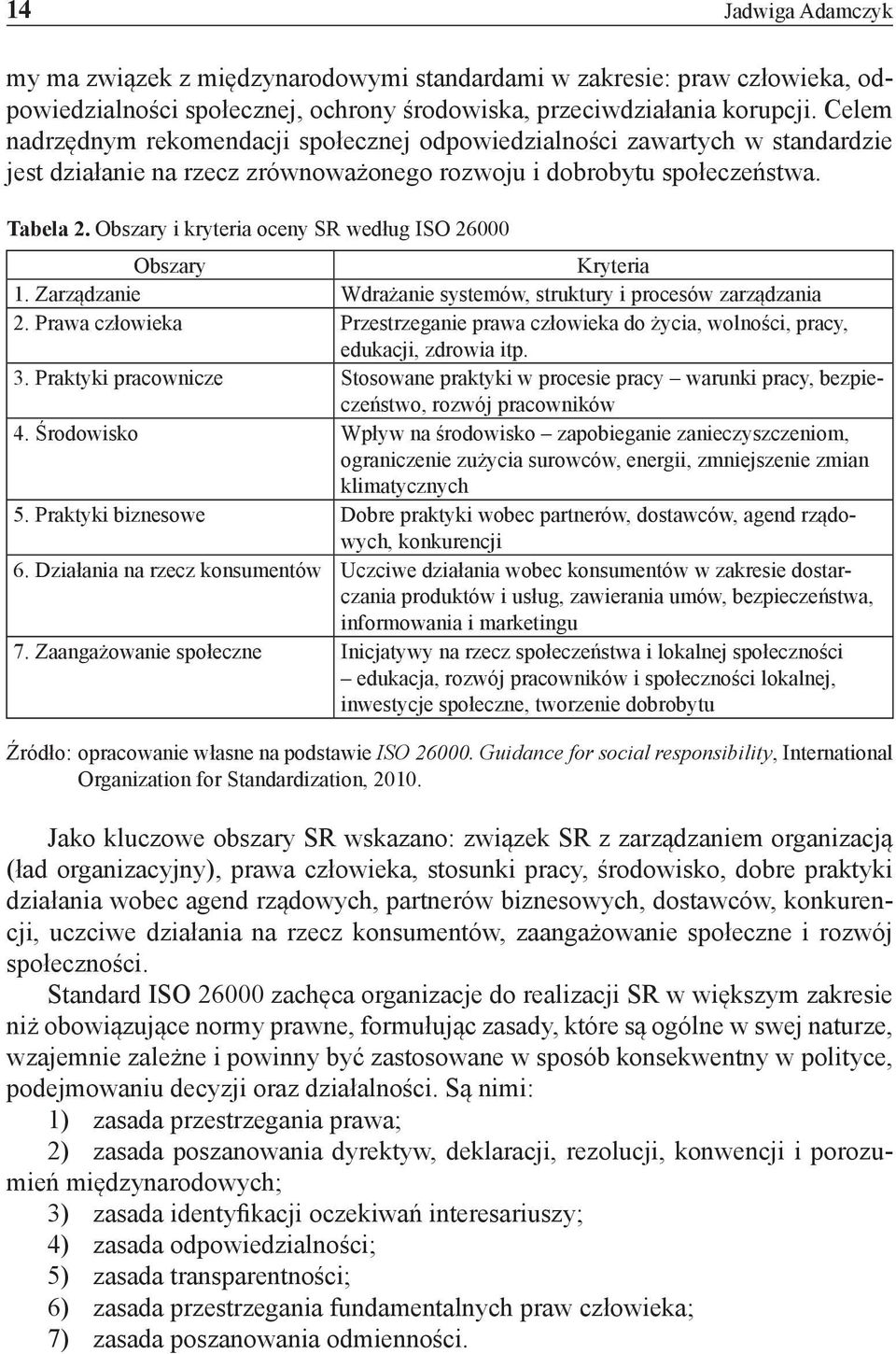 Obszary i kryteria oceny SR według ISO 26000 Obszary Kryteria 1. Zarządzanie Wdrażanie systemów, struktury i procesów zarządzania 2.