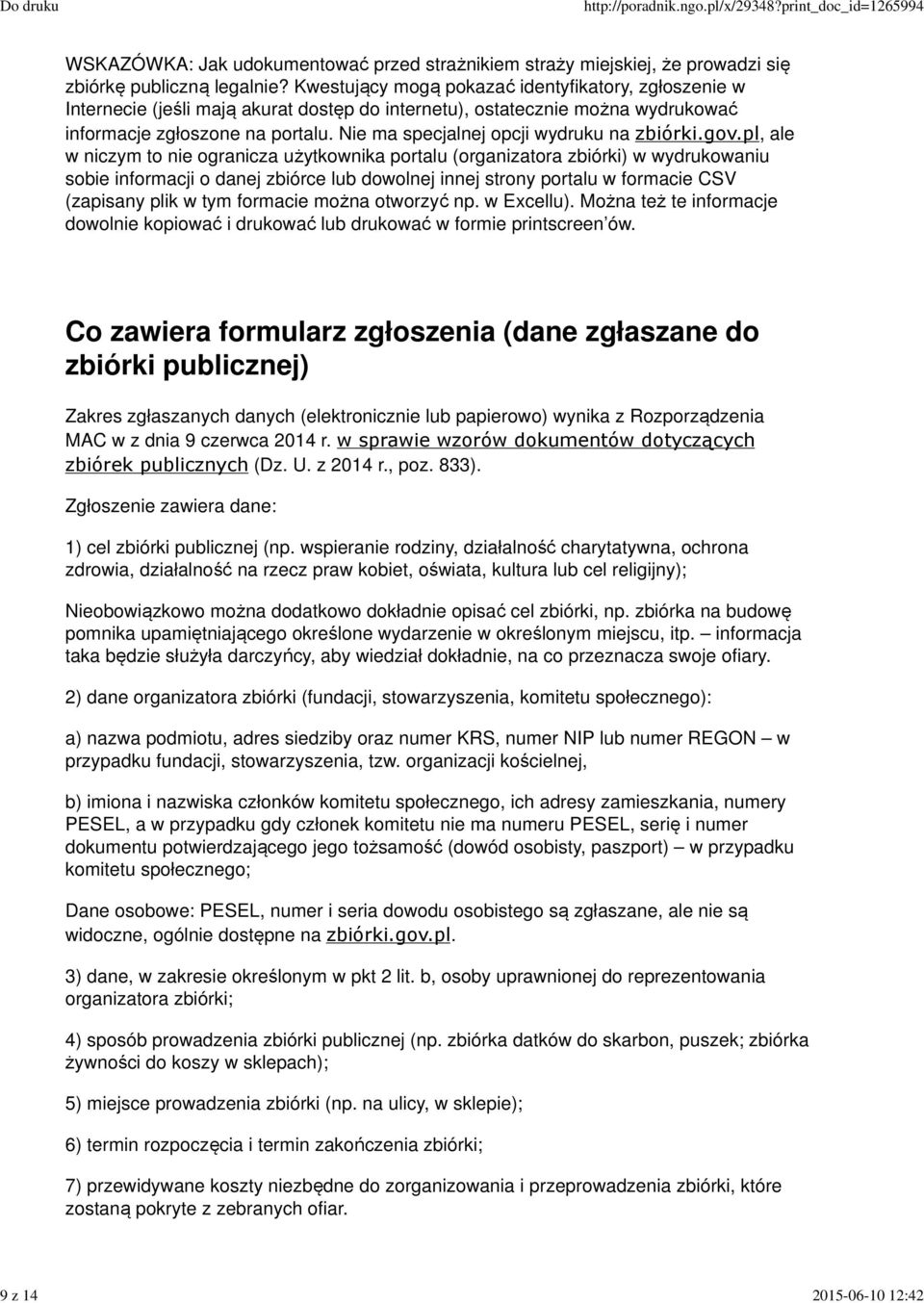 Nie ma specjalnej opcji wydruku na zbiórki.gov.