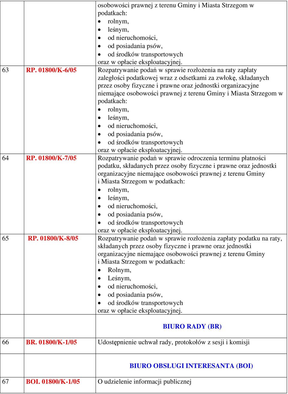 osobowości prawnej z terenu Gminy i Miasta Strzegom w podatkach: rolnym, leśnym, od nieruchomości, od posiadania psów, od środków transportowych oraz w opłacie eksploatacyjnej. 64 RP.