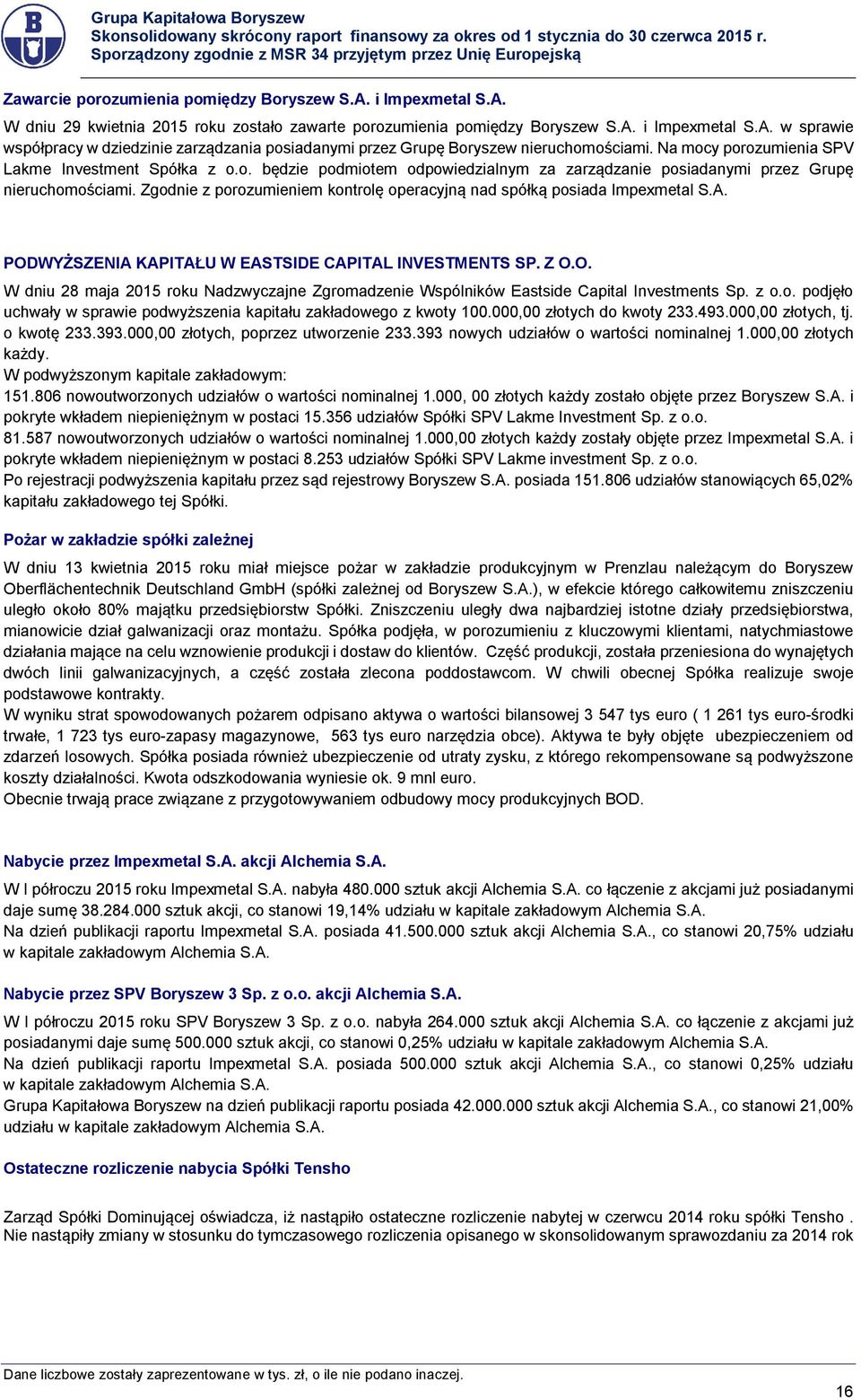 Zgodnie z porozumieniem kontrolę operacyjną nad spółką posiada Impexmetal S.A. PODWYŻSZENIA KAPITAŁU W EASTSIDE CAPITAL INVESTMENTS SP. Z O.O. W dniu 28 maja 2015 roku Nadzwyczajne Zgromadzenie Wspólników Eastside Capital Investments Sp.