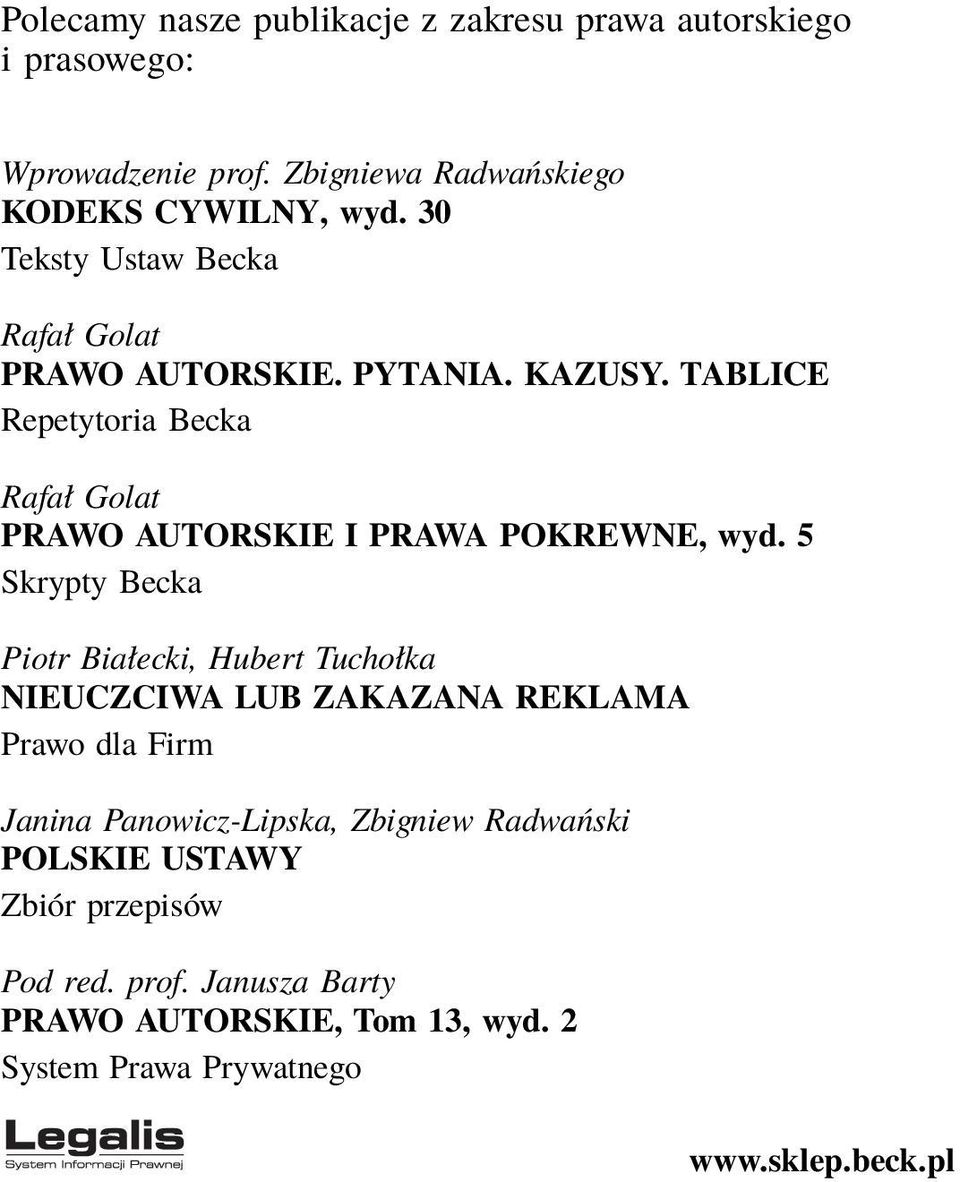 TABLICE Repetytoria Becka Rafał Golat PRAWO AUTORSKIE I PRAWA POKREWNE, wyd.