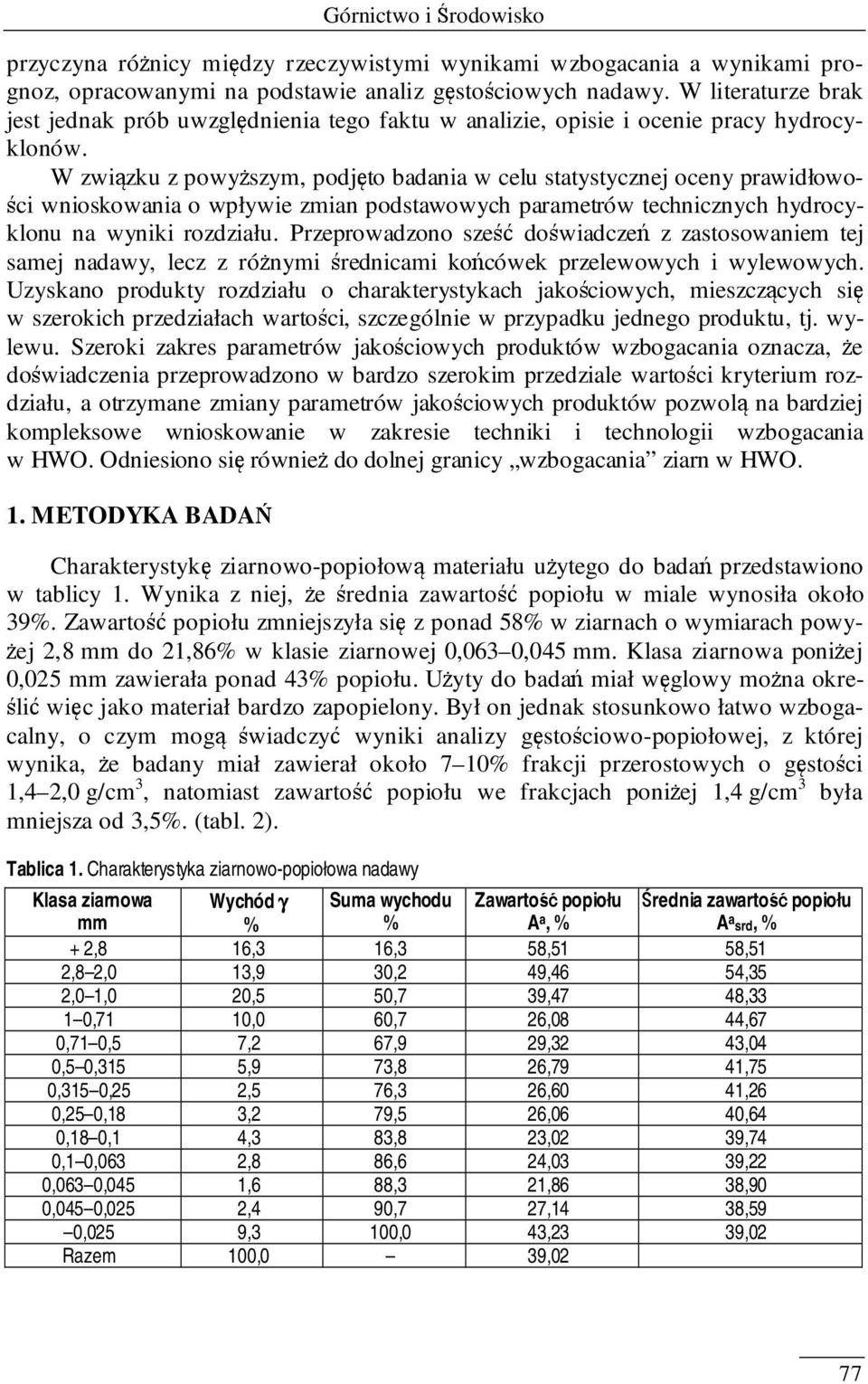 W związku z powyższym, podjęto badania w celu statystycznej oceny prawidłowości wnioskowania o wpływie zmian podstawowych parametrów technicznych hydrocyklonu na wyniki rozdziału.