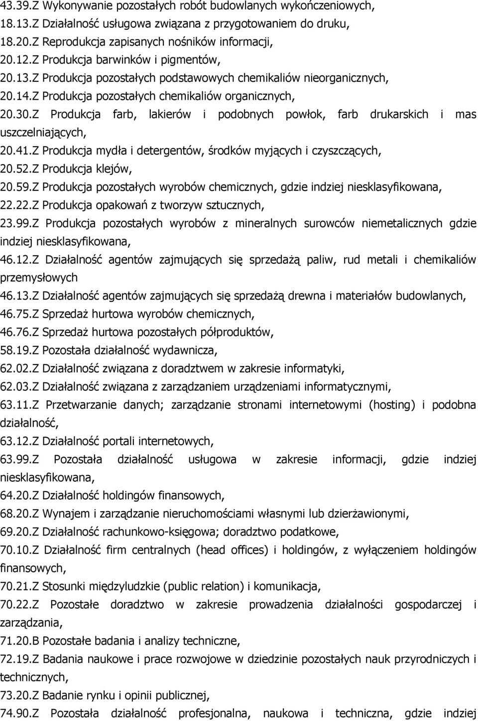 Z Produkcja farb, lakierów i podobnych powłok, farb drukarskich i mas uszczelniających, 20.41.Z Produkcja mydła i detergentów, środków myjących i czyszczących, 20.52.Z Produkcja klejów, 20.59.