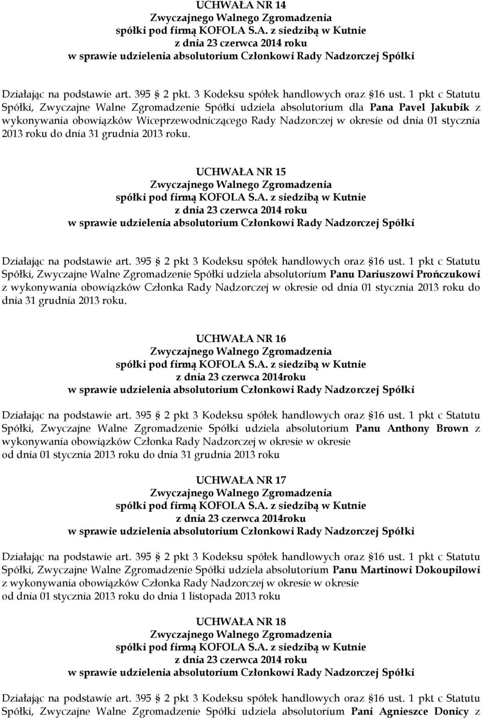 2013 roku do dnia 31 grudnia 2013 roku. UCHWAŁA NR 15 w sprawie udzielenia absolutorium Członkowi Rady Nadzorczej Spółki Działając na podstawie art. 395 2 pkt 3 Kodeksu spółek handlowych oraz 16 ust.