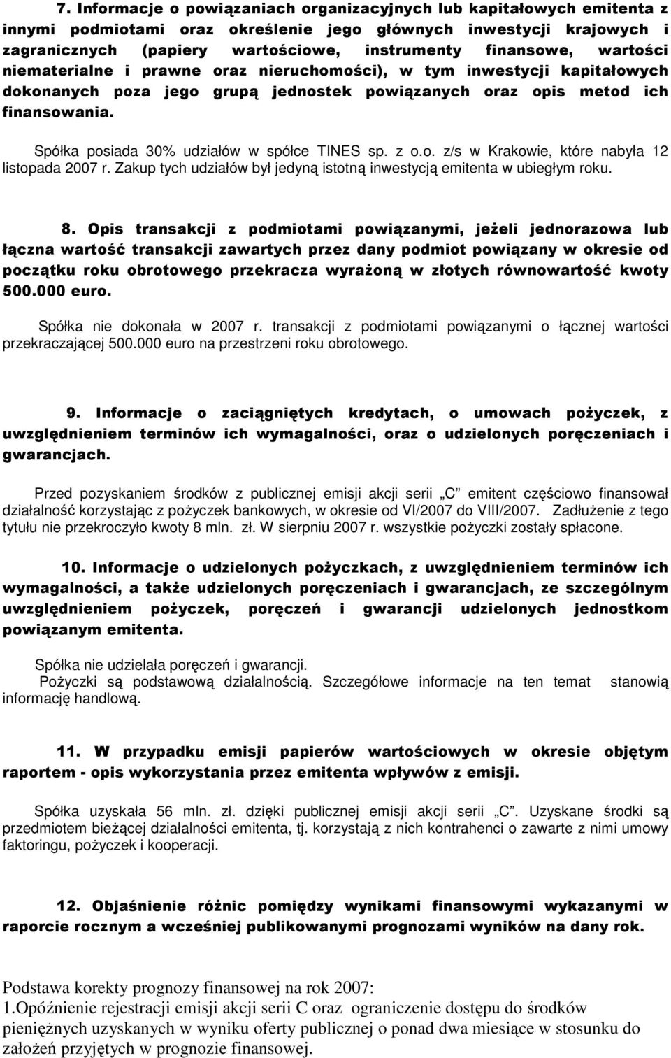 Spółka posiada 30% udziałów w spółce TINES sp. z o.o. z/s w Krakowie, które nabyła 12 listopada 2007 r. Zakup tych udziałów był jedyną istotną inwestycją emitenta w ubiegłym roku. 8.