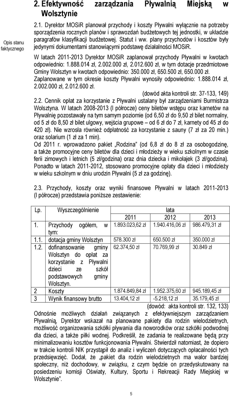 Statut i ww. plany przychodów i kosztów były jedynymi dokumentami stanowiącymi podstawę działalności MOSiR. W latach 2011-2013 Dyrektor MOSiR zaplanował przychody Pływalni w kwotach odpowiednio: 1.