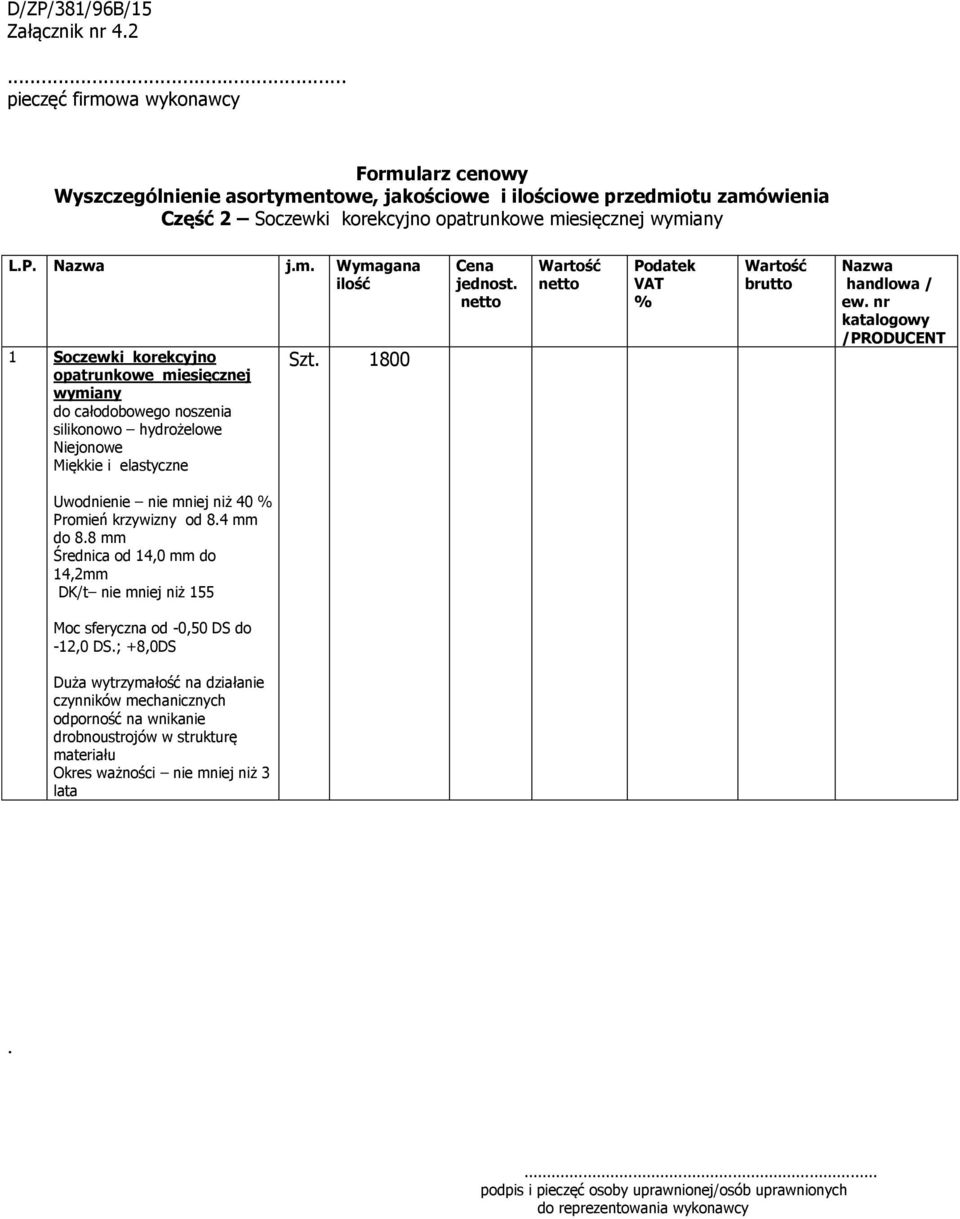 Promień krzywizny od 84 mm do 88 mm Średnica od 14,0 mm do 14,2mm DK/t nie mniej niż 155 Moc sferyczna od -0,50 DS do -12,0 DS; +8,0DS Duża