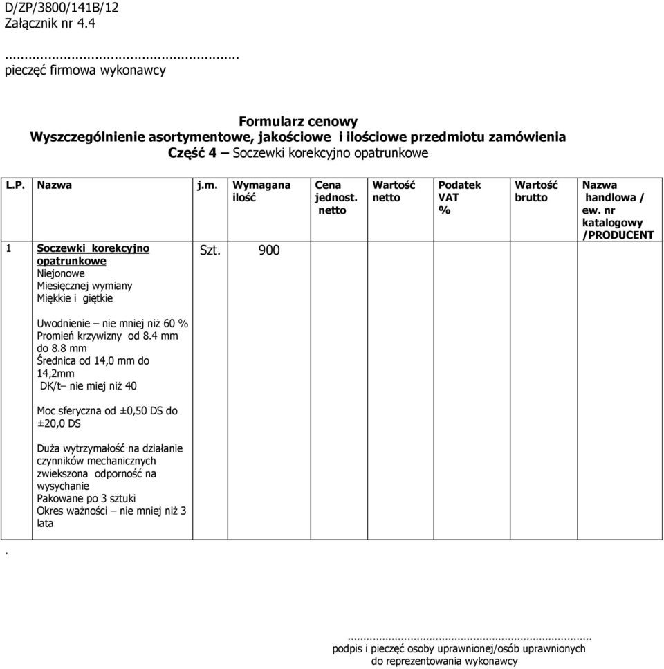 60 Promień krzywizny od 84 mm do 88 mm Średnica od 14,0 mm do 14,2mm DK/t nie miej niż 40 Moc