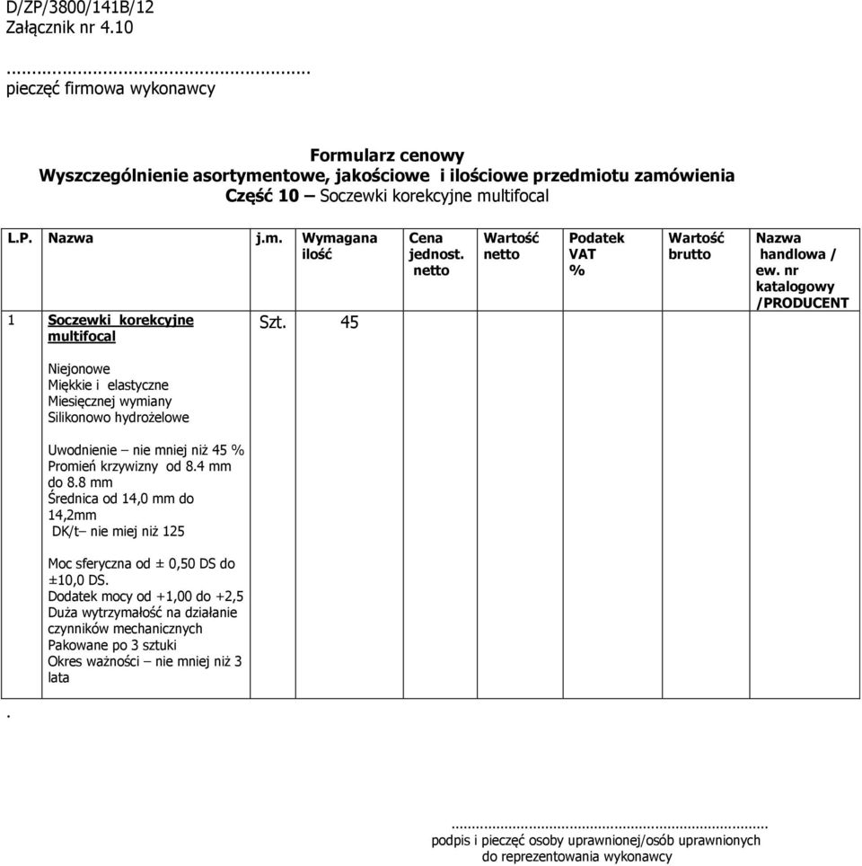 mniej niż 45 Promień krzywizny od 84 mm do 88 mm Średnica od 14,0 mm do 14,2mm DK/t nie miej niż 125 Moc