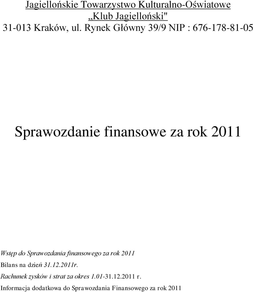Sprawozdania finansowego za rok 2011 Bilans na dzień 31.12.2011r.
