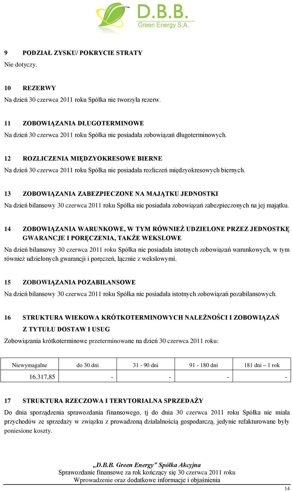 12 ROZLICZENIA MIĘDZYOKRESOWE BIERNE Na dzień 30 czerwca 2011 roku Spółka nie posiadała rozliczeń międzyokresowych biernych.