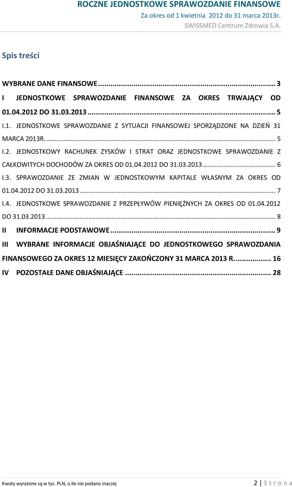 .03.2013... 6 I.3. SPRAWOZDANIE ZE ZMIAN W JEDNOSTKOWYM KAPITALE WŁASNYM ZA OKRES OD 01.04.2012 DO 31.03.2013... 7 I.4. JEDNOSTKOWE SPRAWOZDANIE Z PRZEPŁYWÓW PIENIĘŻNYCH ZA OKRES OD 01.04.2012 DO 31.03.2013... 8 II INFORMACJE PODSTAWOWE.