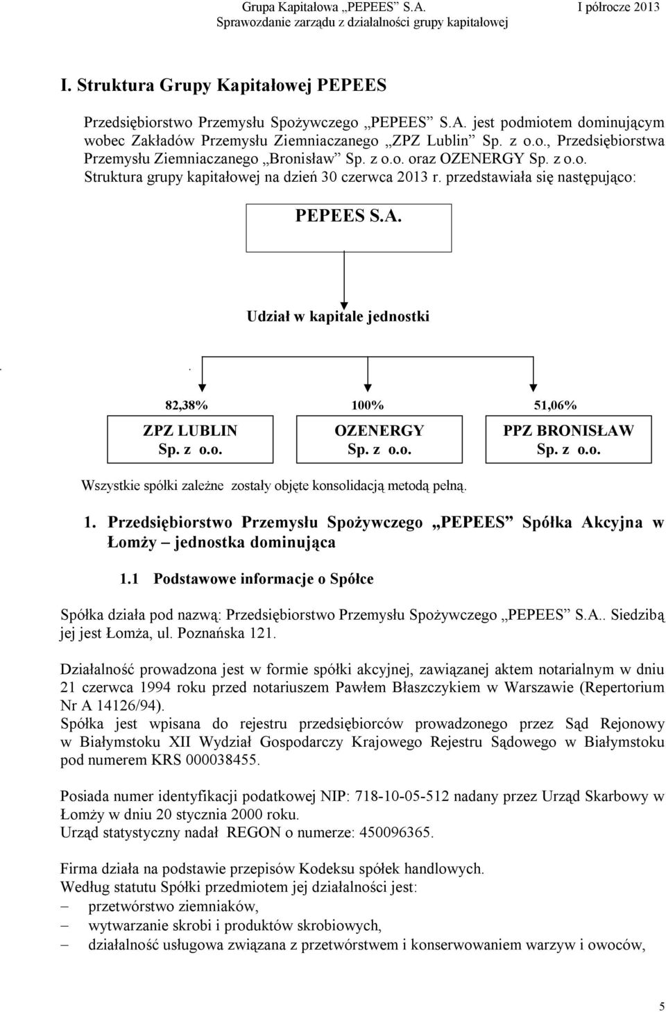 1. Przedsiębiorstwo Przemysłu Spożywczego PEPEES Spółka Akcyjna w Łomży jednostka dominująca 1.1 Podstawowe informacje o Spółce OZENERGY Sp. z o.o. PPZ BRONISŁAW Sp. z o.o. Spółka działa pod nazwą: Przedsiębiorstwo Przemysłu Spożywczego PEPEES S.