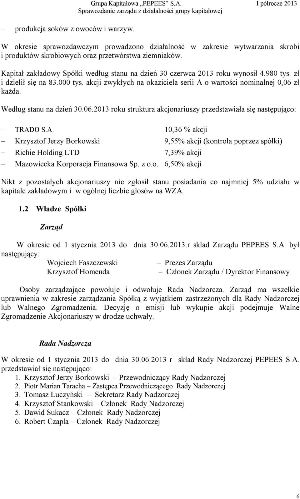 Według stanu na dzień 30.06.2013 roku struktura akcjonariuszy przedstawiała się następująco: TRAD