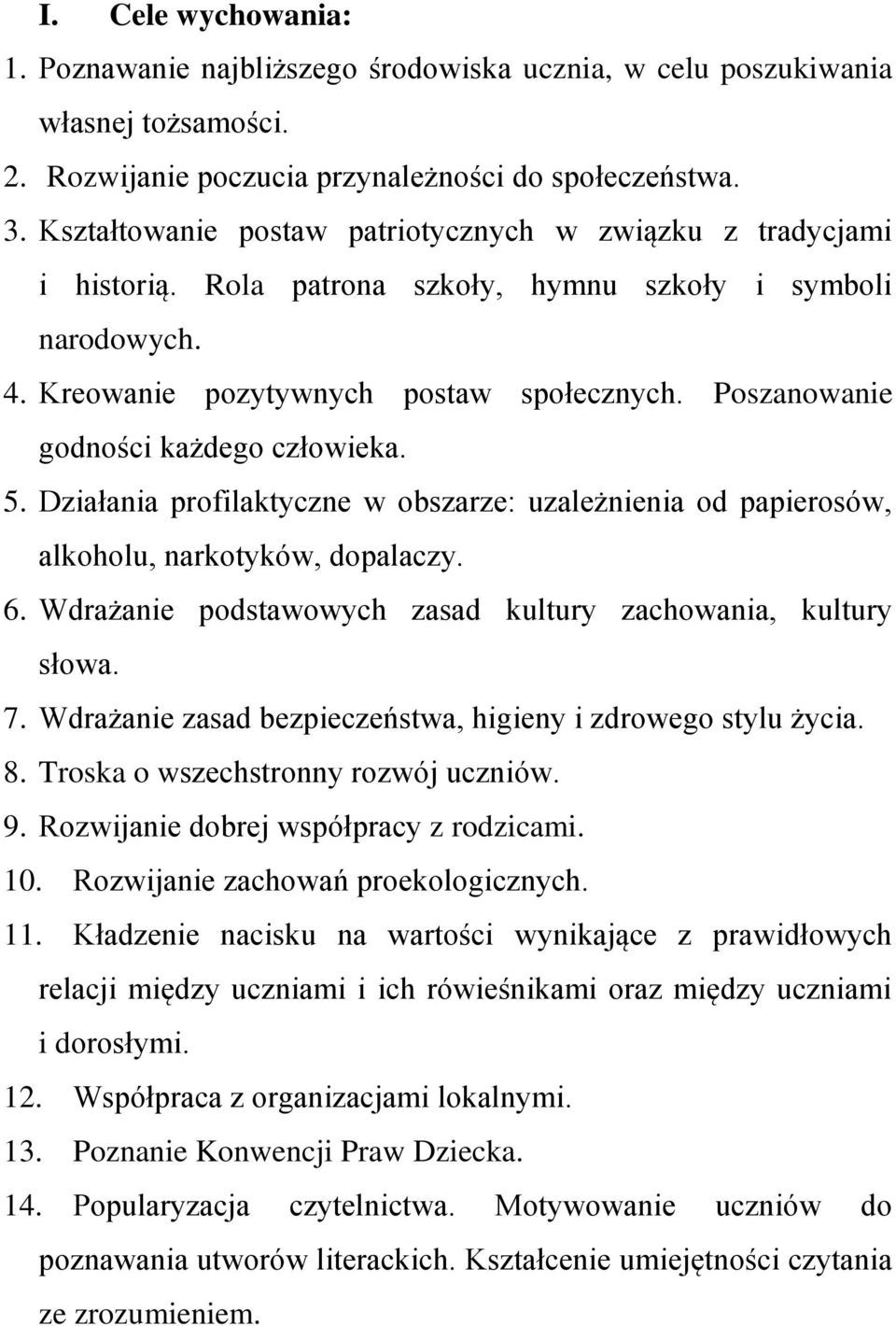 Poszanowanie godności każdego człowieka. 5. Działania profilaktyczne w obszarze: uzależnienia od papierosów, alkoholu, narkotyków, dopalaczy. 6.