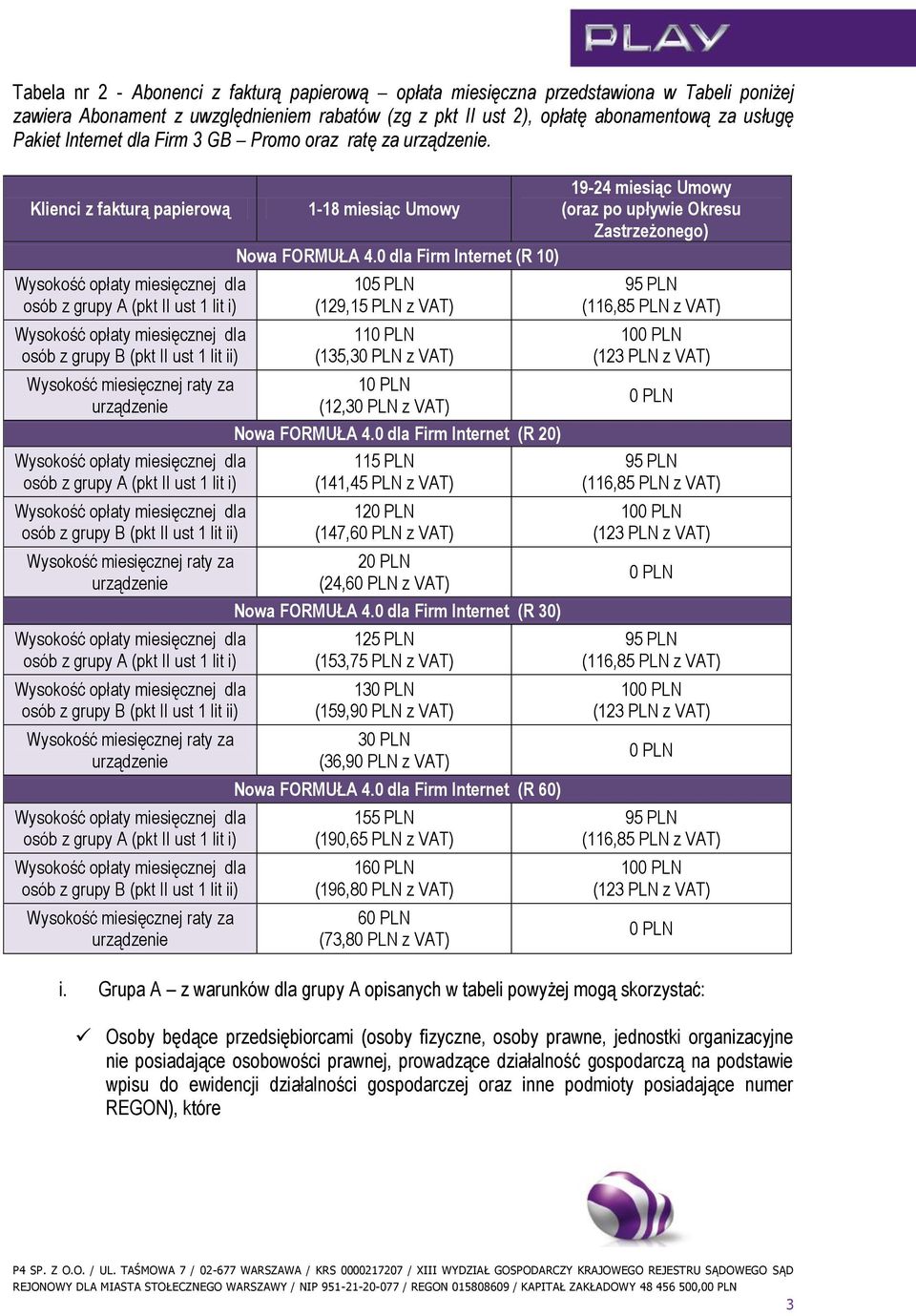 0 dla Firm Internet (R 10) 105 PLN (129,15 PLN z VAT) 11 (135,3 z VAT) 1 (12,3 z VAT) Nowa FORMUŁA 4.