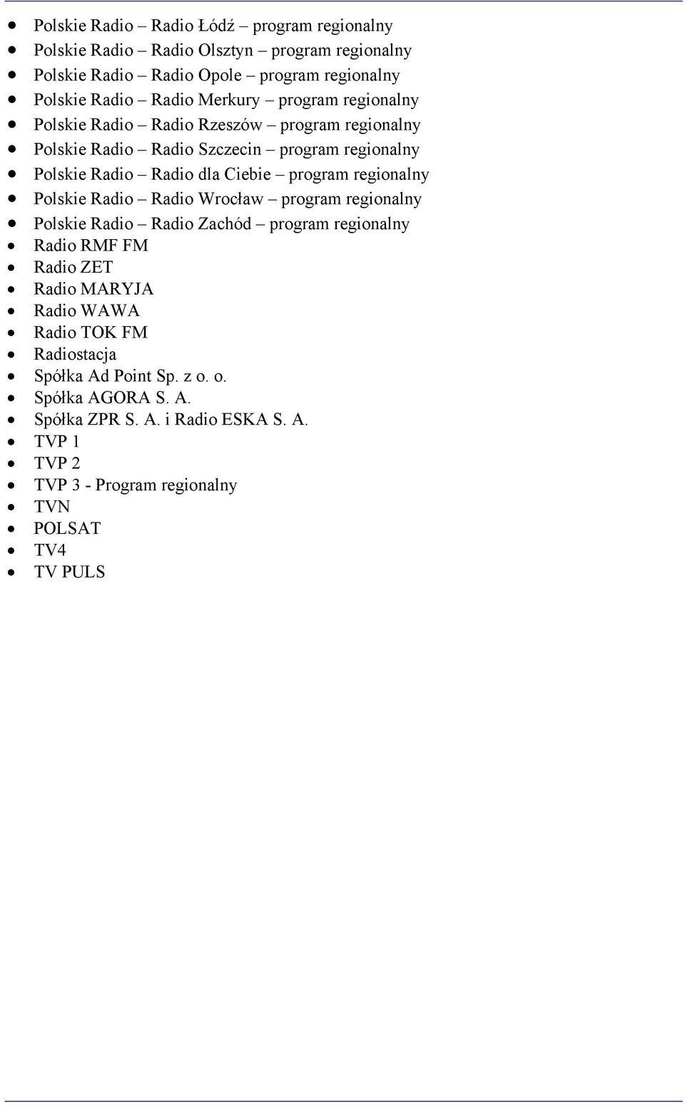 program regionalny Polskie Radio Radio Wrocław program regionalny Polskie Radio Radio Zachód program regionalny Radio RMF FM Radio ZET Radio MARYJA Radio WAWA