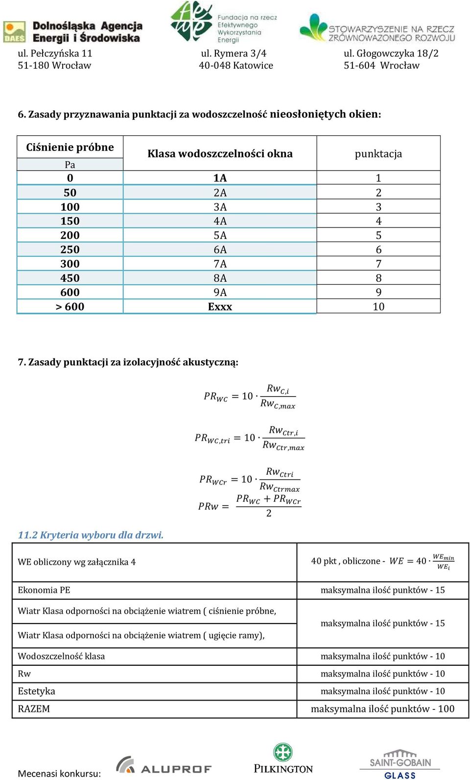 = 10 = + 2 WE obliczony wg załącznika 4 40 pkt, obliczone - = 40 Ekonomia PE maksymalna ilość punktów - 15 Wiatr Klasa odporności na obciążenie wiatrem ( ciśnienie próbne, Wiatr Klasa