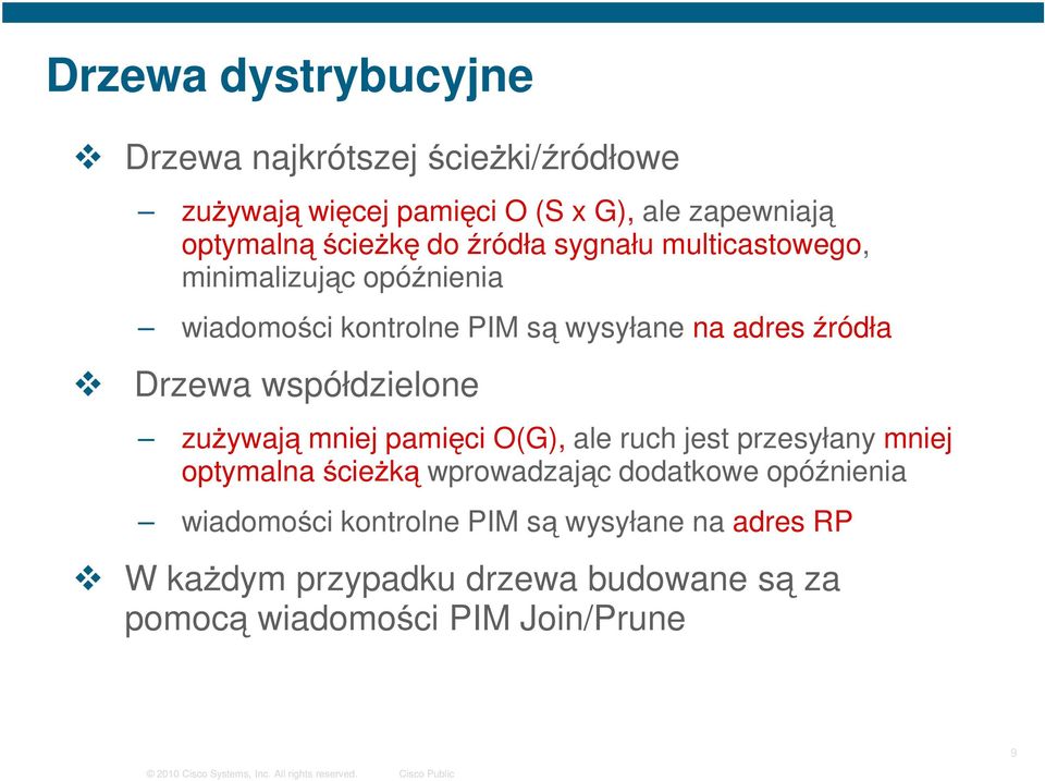 Drzewa współdzielone zużywają mniej pamięci O(G), ale ruch jest przesyłany mniej optymalna ścieżką wprowadzając dodatkowe