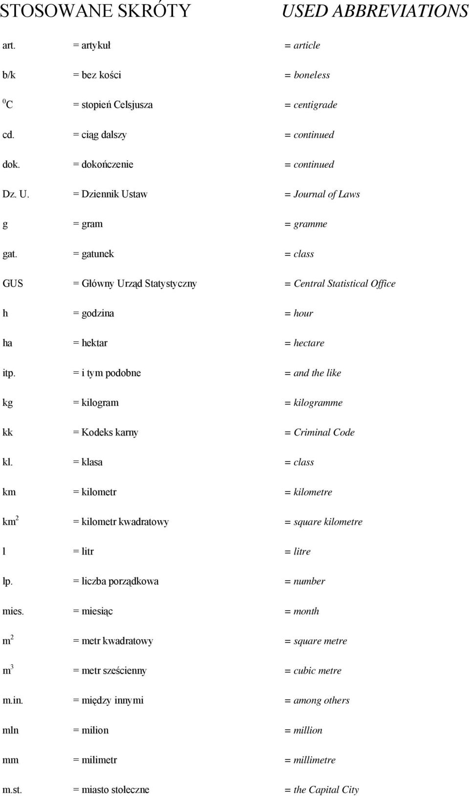 = i tym podobne = and the like kg = kilogram = kilogramme kk = Kodeks karny = Criminal Code kl.