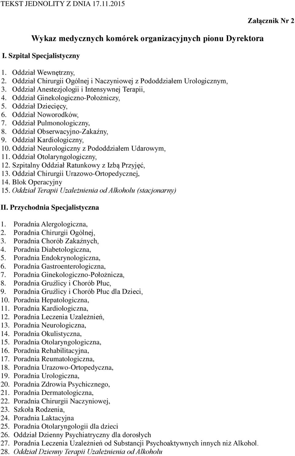 Oddział Kardiologiczny, 10. Oddział Neurologiczny z Pododdziałem Udarowym, 11. Oddział Otolaryngologiczny, 12. Szpitalny Oddział Ratunkowy z Izbą Przyjęć, 13.