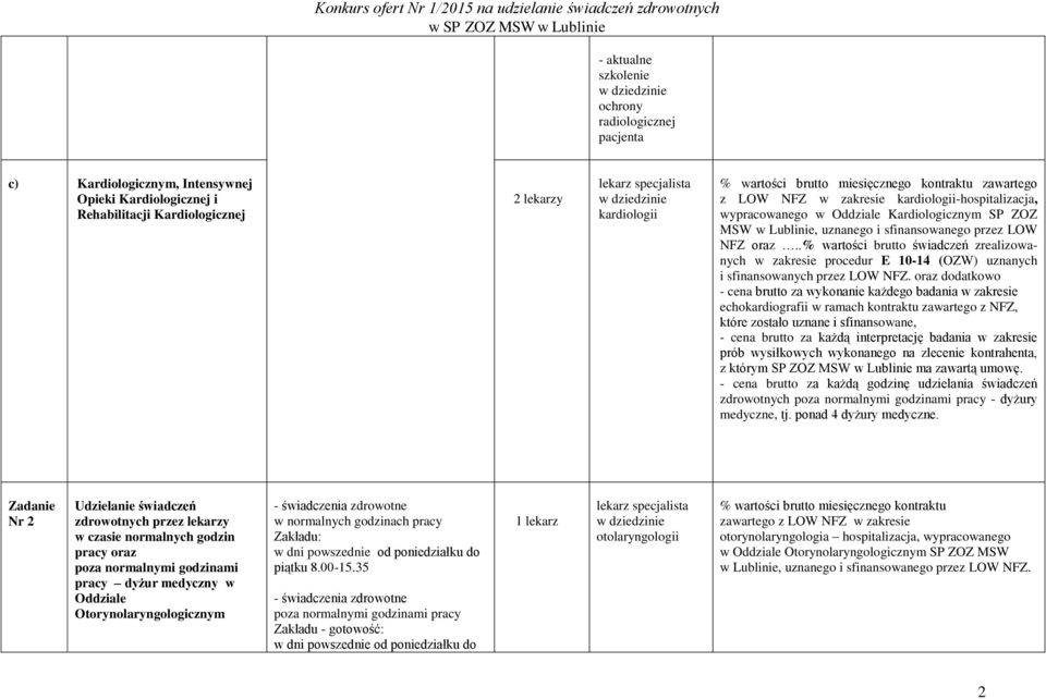 .% wartości brutto świadczeń zrealizowanych w zakresie procedur E 10-14 (OZW) uznanych i sfinansowanych przez LOW NFZ.