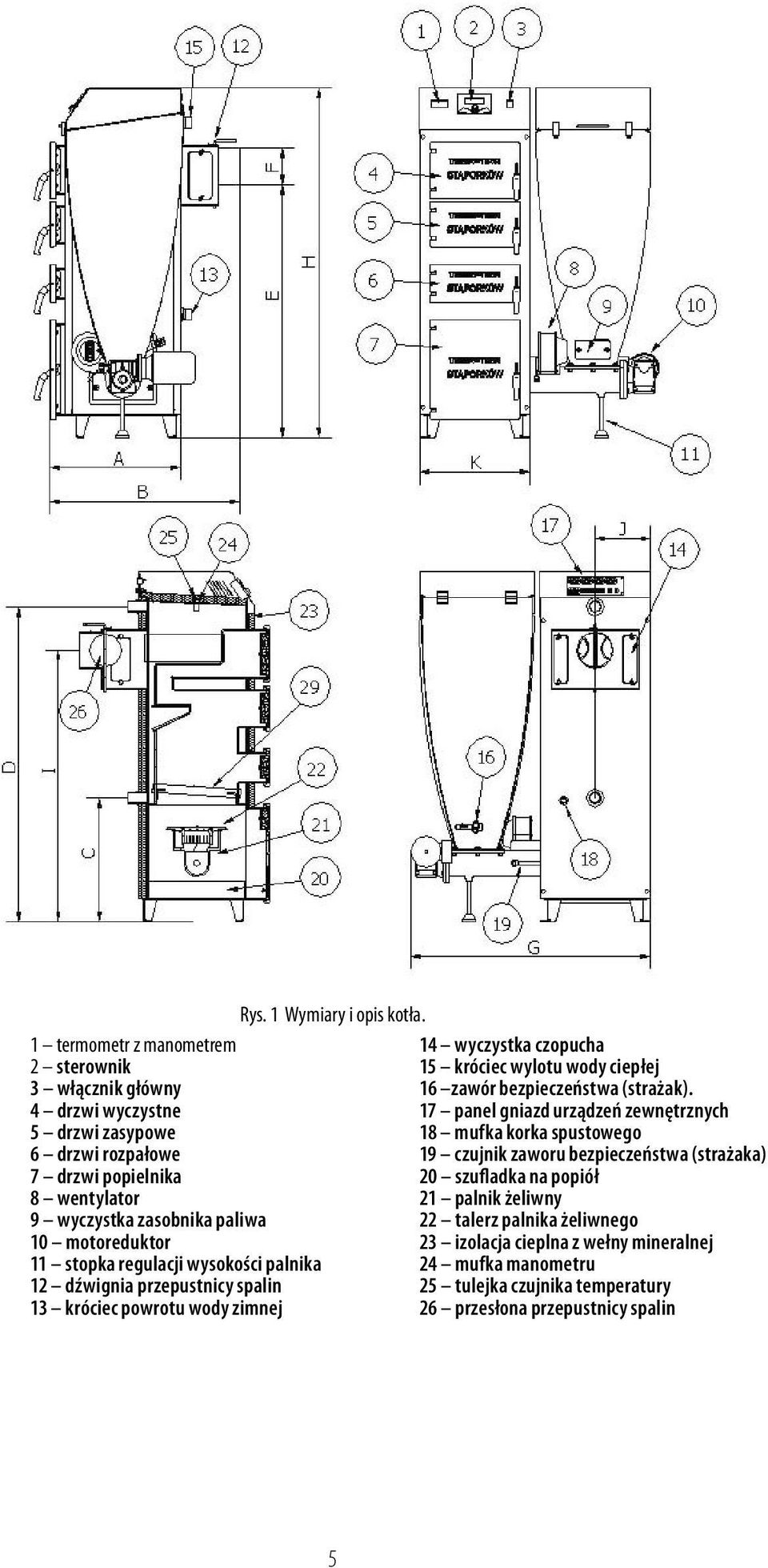 5 " drzwi zasypowe )= N 18 #E! mufka # @ korka "! spustowego K5 F5 A G 4 N! " "!! 6 drzwi rozpałowe /I N 519 #L " "! czujnik zaworu bezpieczeństwa (strażaka) ; N 7 drzwi popielnika /) N "! A! 20 szufladka na popiół = N 5 8 5 @!