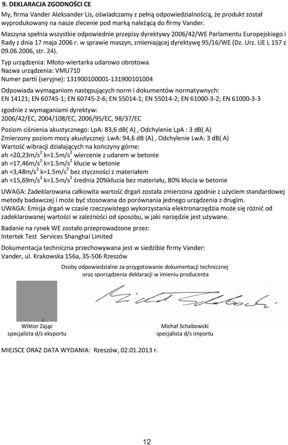 24). Typ urządzenia: Młoto-wiertarka udarowo obrotowa Nazwa urządzenia: VMU710 Numer partii (seryjne): 131900100001-131900101004 Odpowiada wymaganiom następujących norm i dokumentów normatywnych: EN