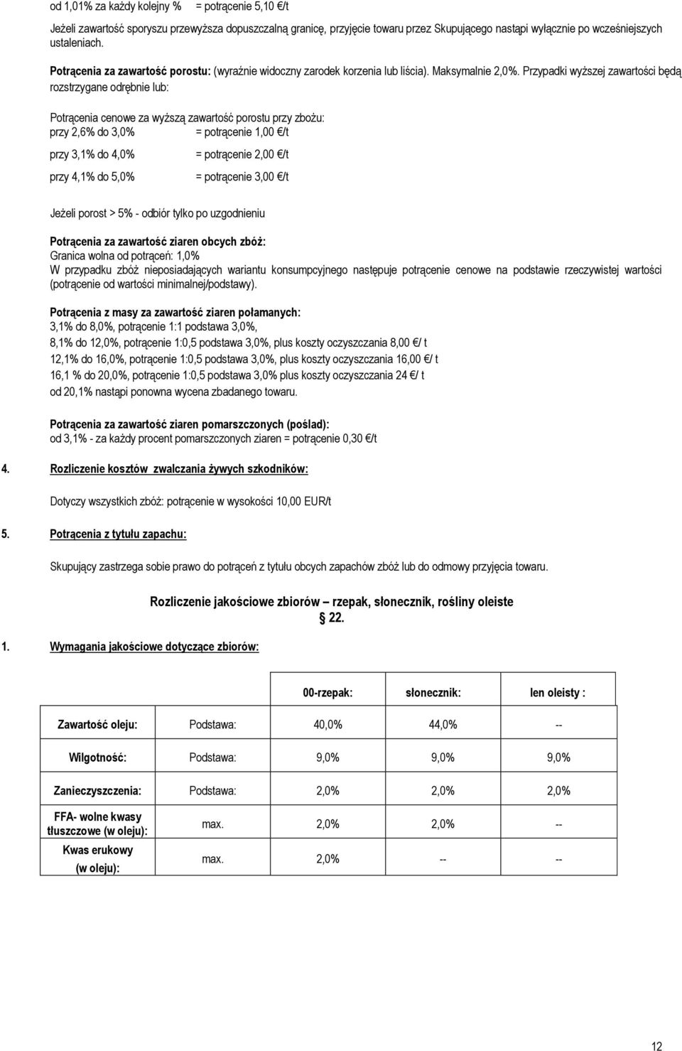 Przypadki wyższej zawartości będą rozstrzygane odrębnie lub: Potrącenia cenowe za wyższą zawartość porostu przy zbożu: przy 2,6% do 3,0% = potrącenie 1,00 /t przy 3,1% do 4,0% przy 4,1% do 5,0% =