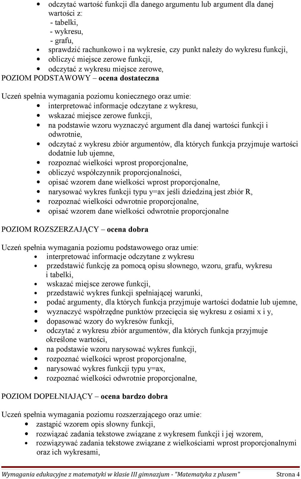 wskazać miejsce zerowe funkcji, na podstawie wzoru wyznaczyć argument dla danej wartości funkcji i odwrotnie, odczytać z wykresu zbiór argumentów, dla których funkcja przyjmuje wartości dodatnie lub