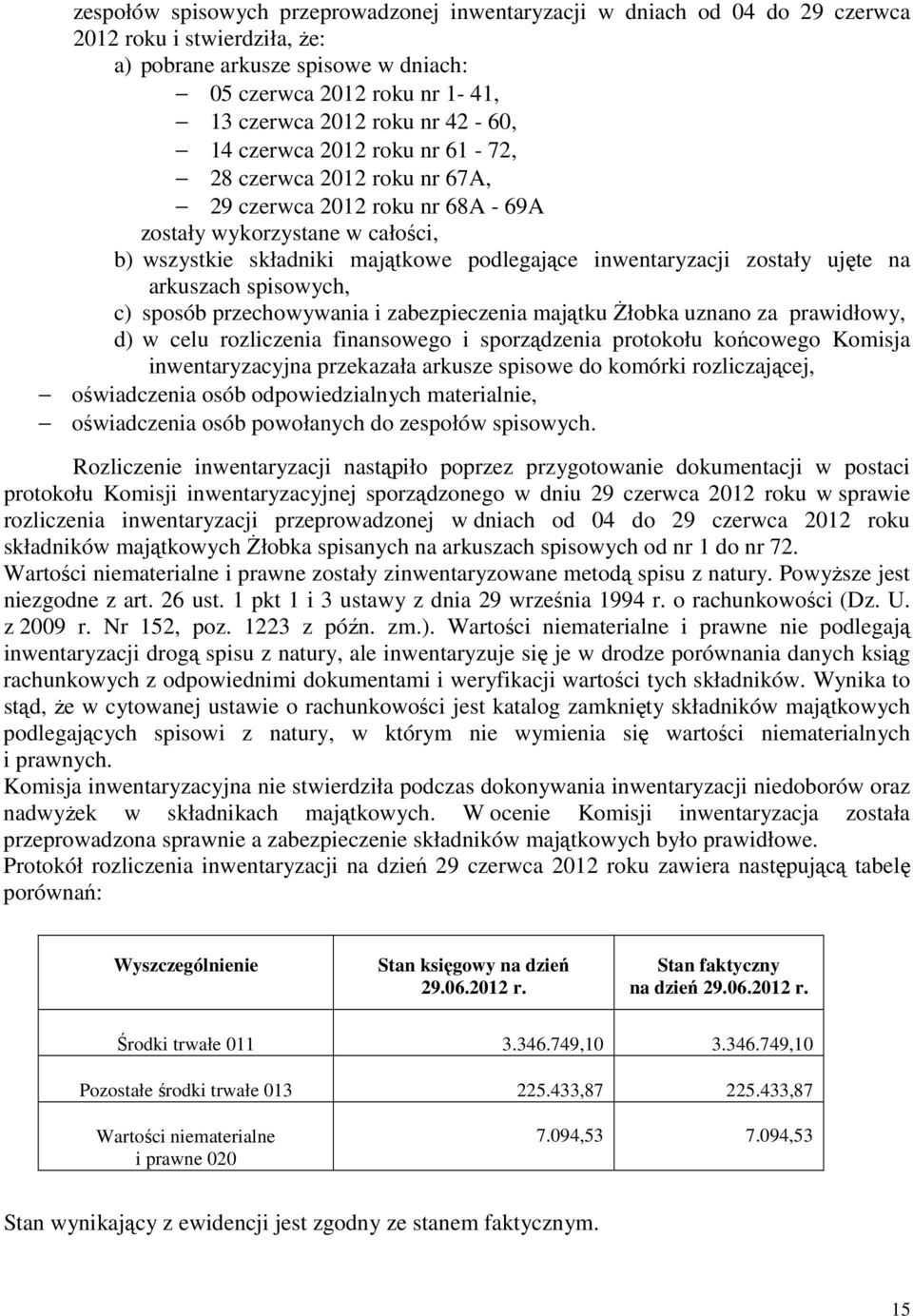 zabezpieczenia majątku Żłobka uznano za prawidłowy, d) w celu rozliczenia finansowego i sporządzenia protokołu końcowego Komisja inwentaryzacyjna przekazała arkusze spisowe do komórki rozliczającej,