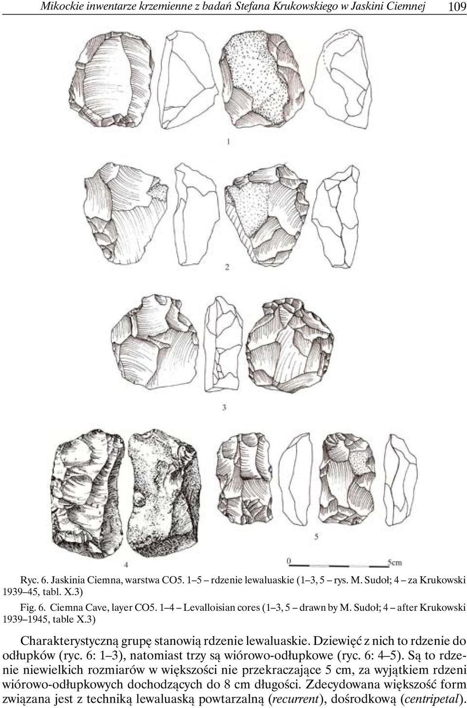 3) Charakterystyczną grupę stanowią rdzenie lewaluaskie. Dziewięć z nich to rdzenie do odłupków (ryc. 6: 1 3), natomiast trzy są wiórowo-odłupkowe (ryc. 6: 4 5).