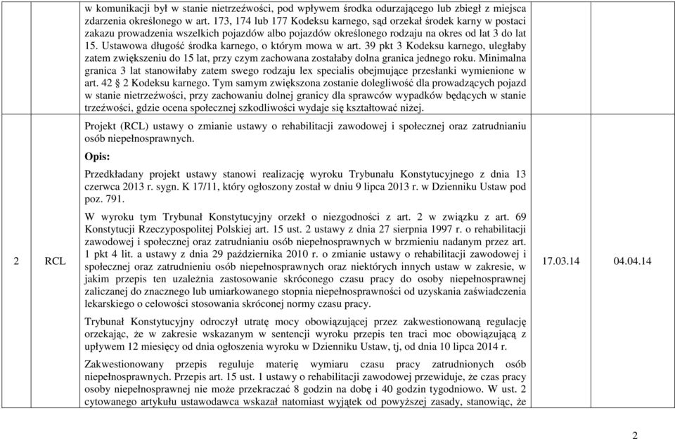 Ustawowa długość środka karnego, o którym mowa w art. 39 pkt 3 Kodeksu karnego, uległaby zatem zwiększeniu do 15 lat, przy czym zachowana zostałaby dolna granica jednego roku.