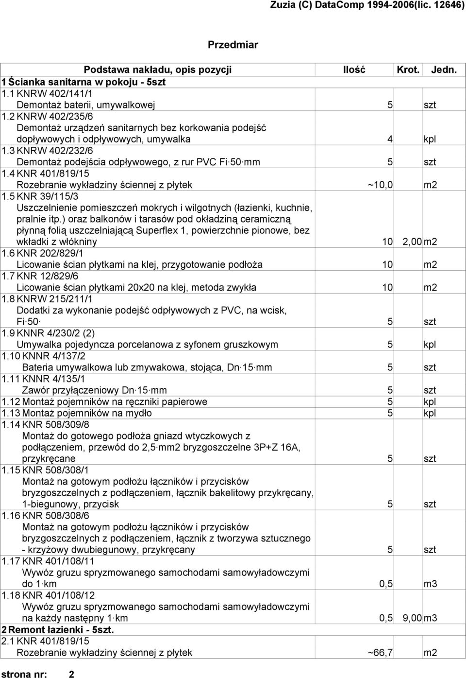 4 KNR 401/819/15 Rozebranie wykładziny ściennej z płytek ~10,0 m2 1.5 KNR 39/115/3 kuchnie, pralnie itp.