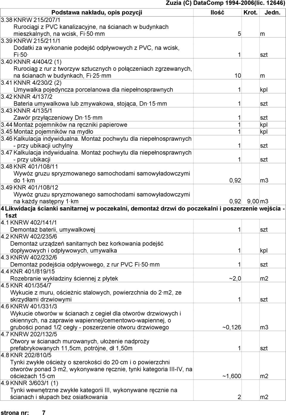 41 KNNR 4/230/2 (2) Umywalka pojedyncza porcelanowa dla niepełnosprawnych 1 kpl 3.42 KNNR 4/137/2 Bateria umywalkowa lub zmywakowa, stojąca, Dn 15 mm 1 szt 3.