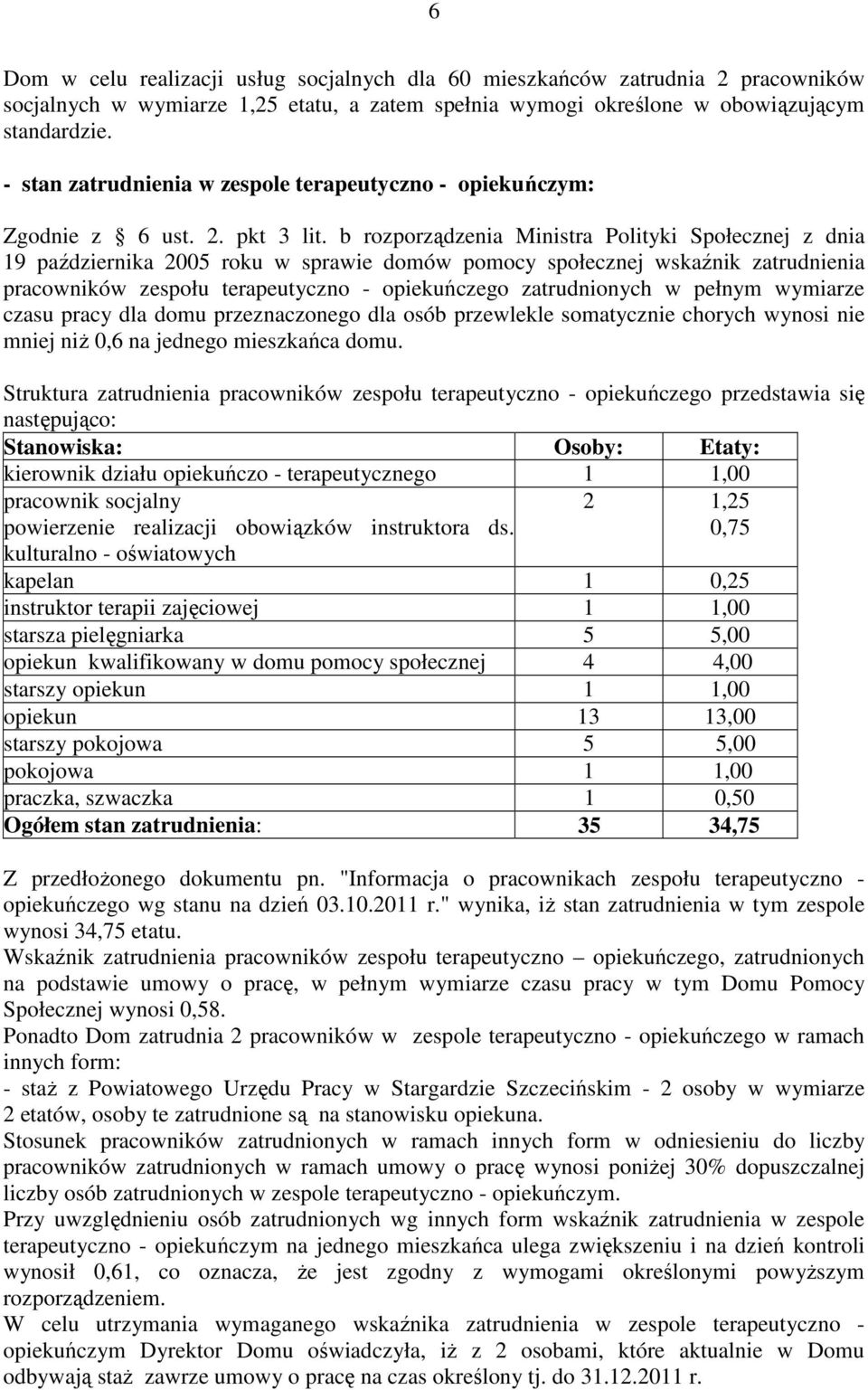 b rozporządzenia Ministra Polityki Społecznej z dnia 19 października 2005 roku w sprawie domów pomocy społecznej wskaźnik zatrudnienia pracowników zespołu terapeutyczno - opiekuńczego zatrudnionych w