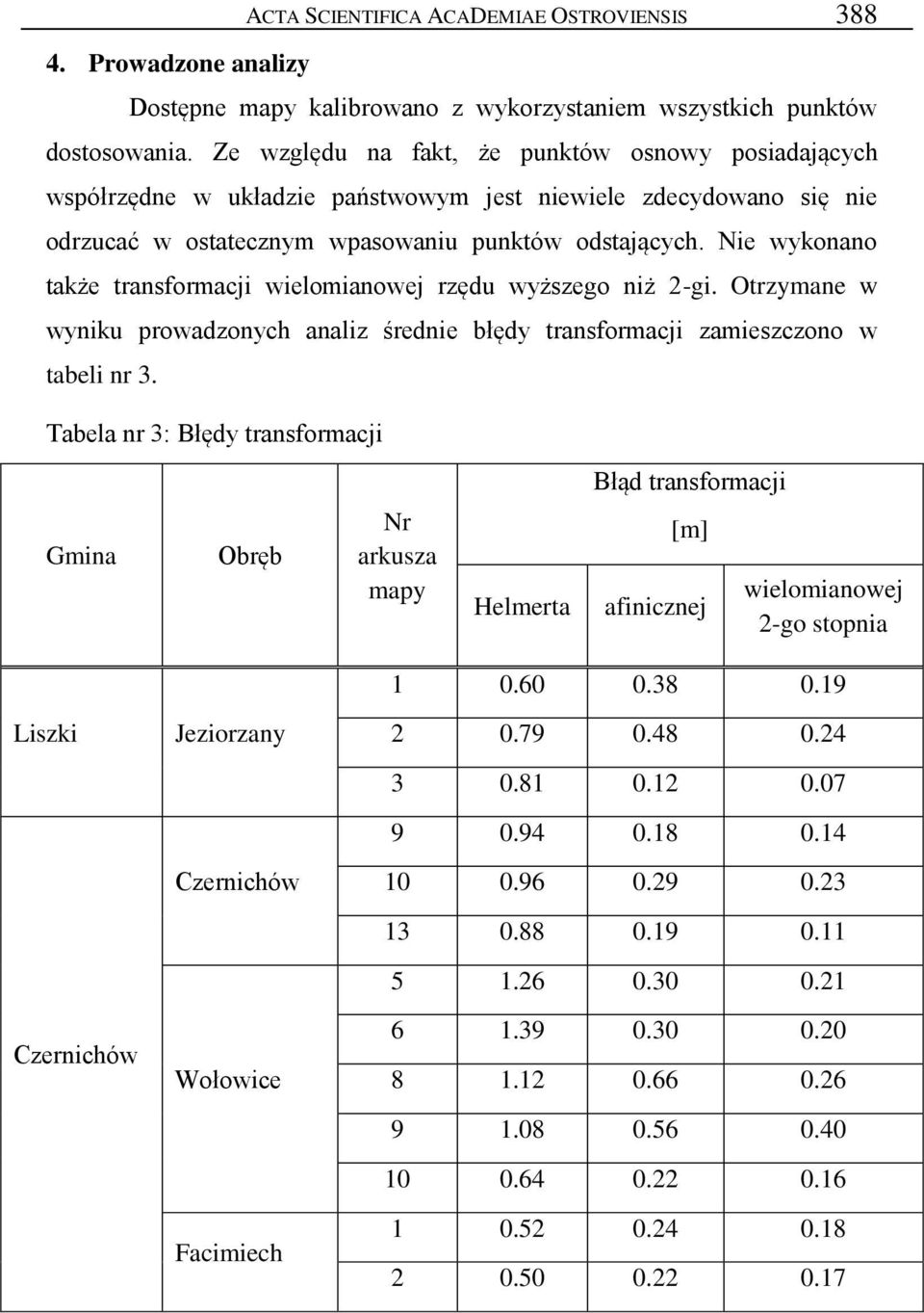 Nie wykonano także transformacji wielomianowej rzędu wyższego niż 2-gi. Otrzymane w wyniku prowadzonych analiz średnie błędy transformacji zamieszczono w tabeli nr 3.