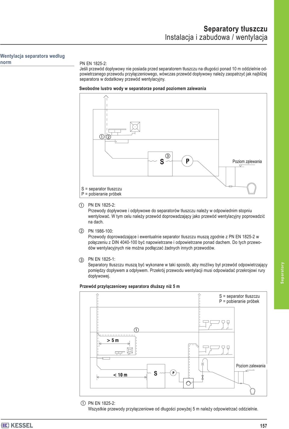 Swobodne lustro wody w separatorze ponad poziomem zalewania S Poziom zalewania S = separator tłuszczu P = pobieranie próbek PN EN 1825-2: Przewody dopływowe i odpływowe do separatorów tłuszczu należy