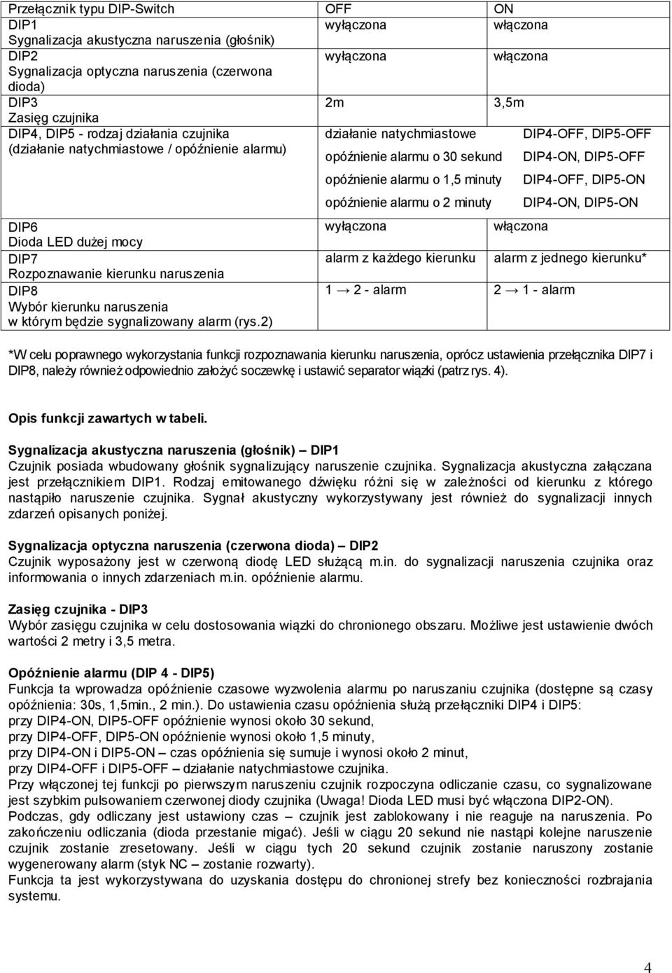 LED dużej mocy DIP7 Rozpoznawanie kierunku naruszenia DIP8 Wybór kierunku naruszenia w którym będzie sygnalizowany alarm (rys.