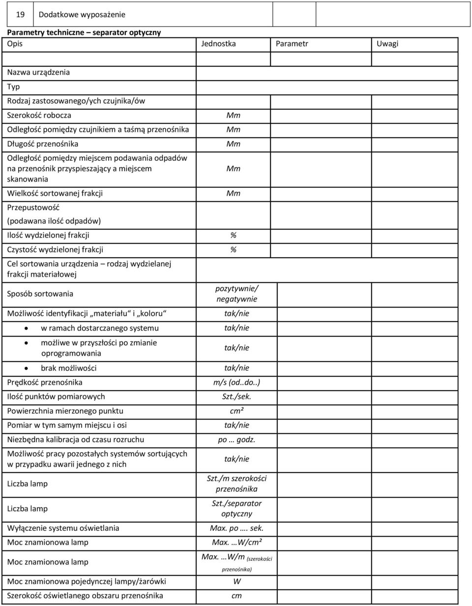 (podawana ilość odpadów) Ilość wydzielonej frakcji % Czystość wydzielonej frakcji % Cel sortowania urządzenia rodzaj wydzielanej frakcji materiałowej Sposób sortowania Możliwość identyfikacji