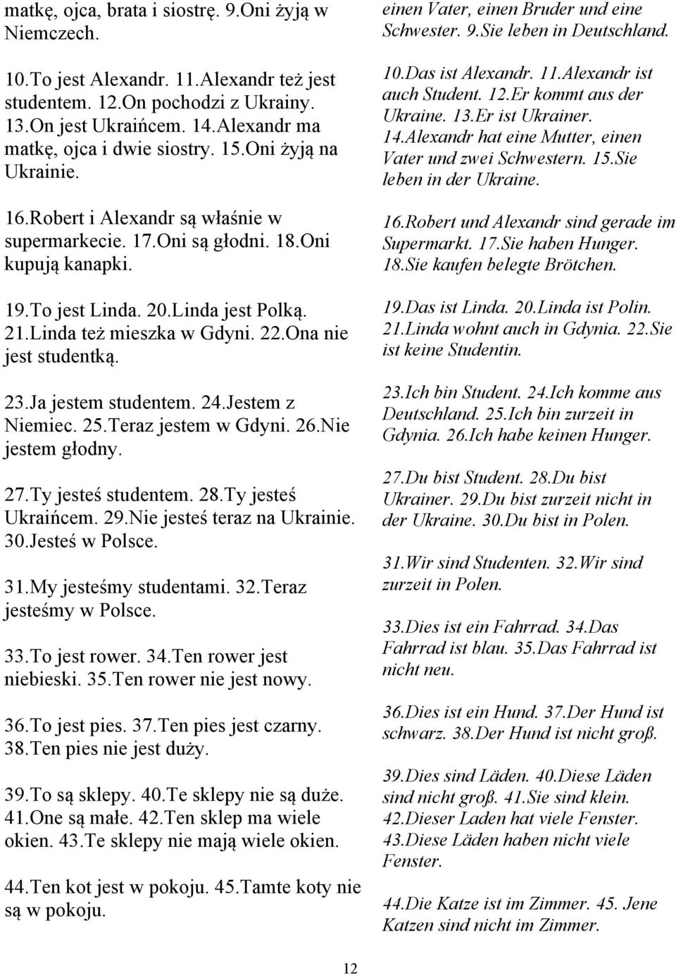 Ona nie jest studentką. 23.Ja jestem studentem. 24.Jestem z Niemiec. 25.Teraz jestem w Gdyni. 26.Nie jestem głodny. 27.Ty jesteś studentem. 28.Ty jesteś Ukraińcem. 29.Nie jesteś teraz na Ukrainie. 30.