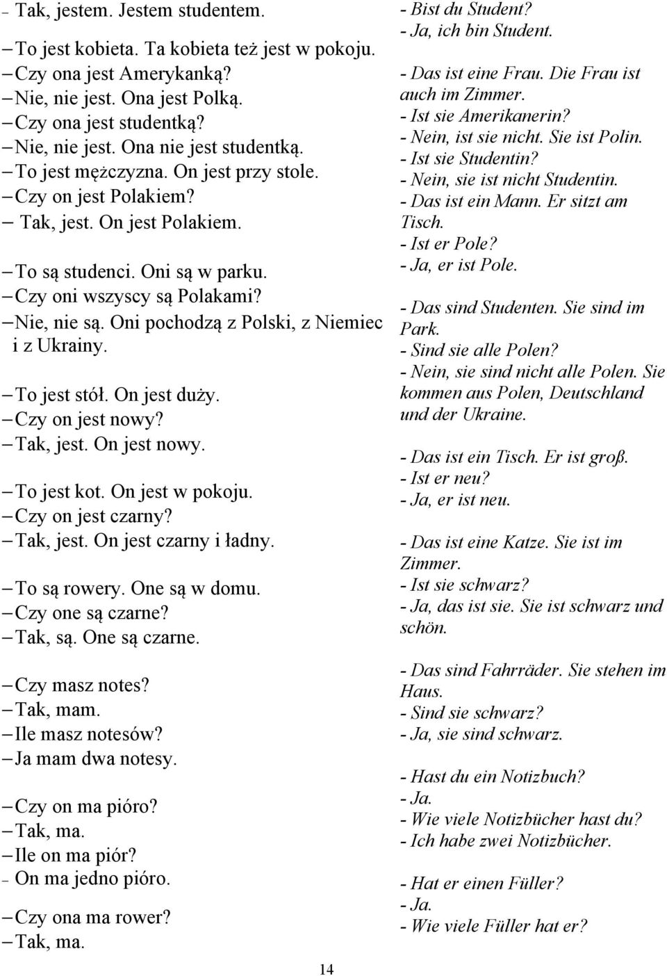 Oni pochodzą z Polski, z Niemiec i z Ukrainy. To jest stół. On jest duży. Czy on jest nowy? Tak, jest. On jest nowy. To jest kot. On jest w pokoju. Czy on jest czarny? Tak, jest. On jest czarny i ładny.