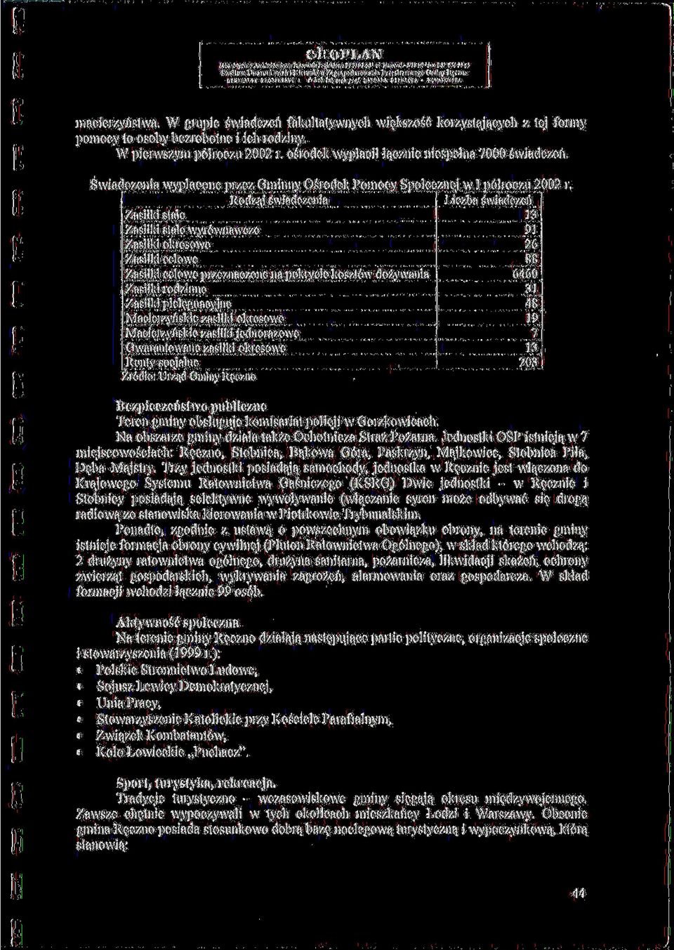 Swiac czenia wyptacone przez Gminny Osrodek Pomocy Spolecznej w I p6hx>czu 2002 Rodzaj swiadczenia Liczba swiadczen Zasilki stale 13 Zasilki state wyr6wnawcze 91 ZasUki okresowe 26 Zasilki celowe 88